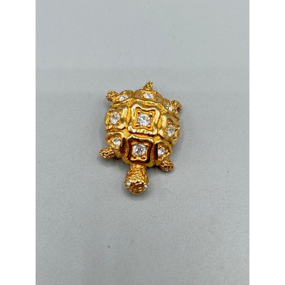 Vintage Swarovski Signed Swan Turtle Pin Brooch Gold Tone and Clear Crystals - Picture 3 of 6